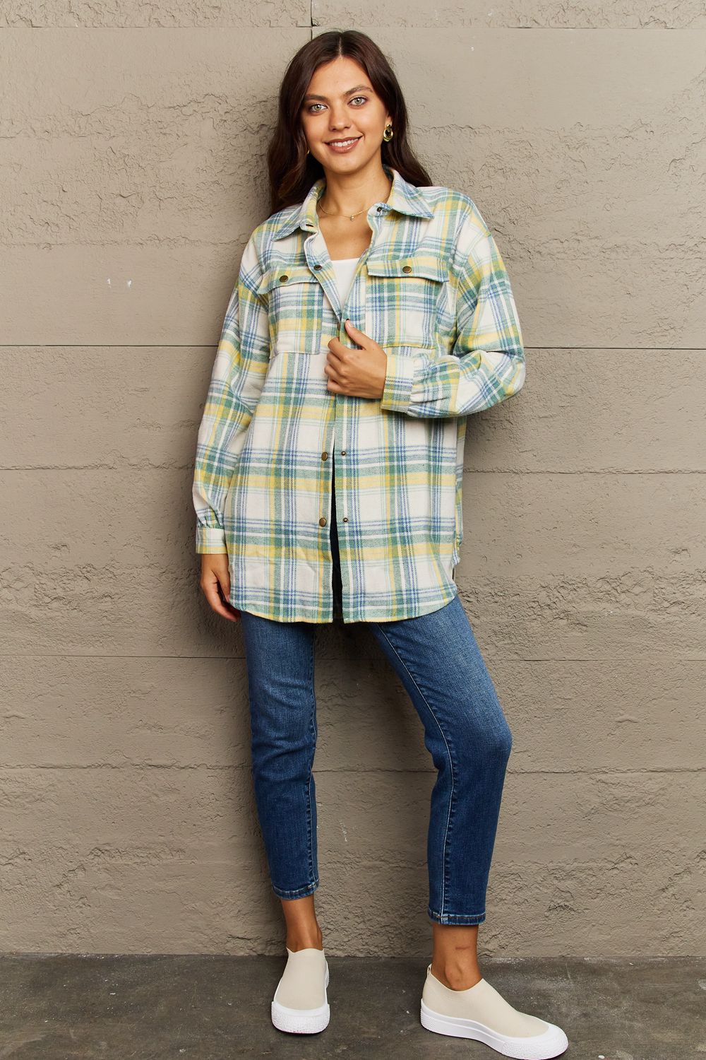 Ninexis full size plaid collared neck button-down long sleeve jacket