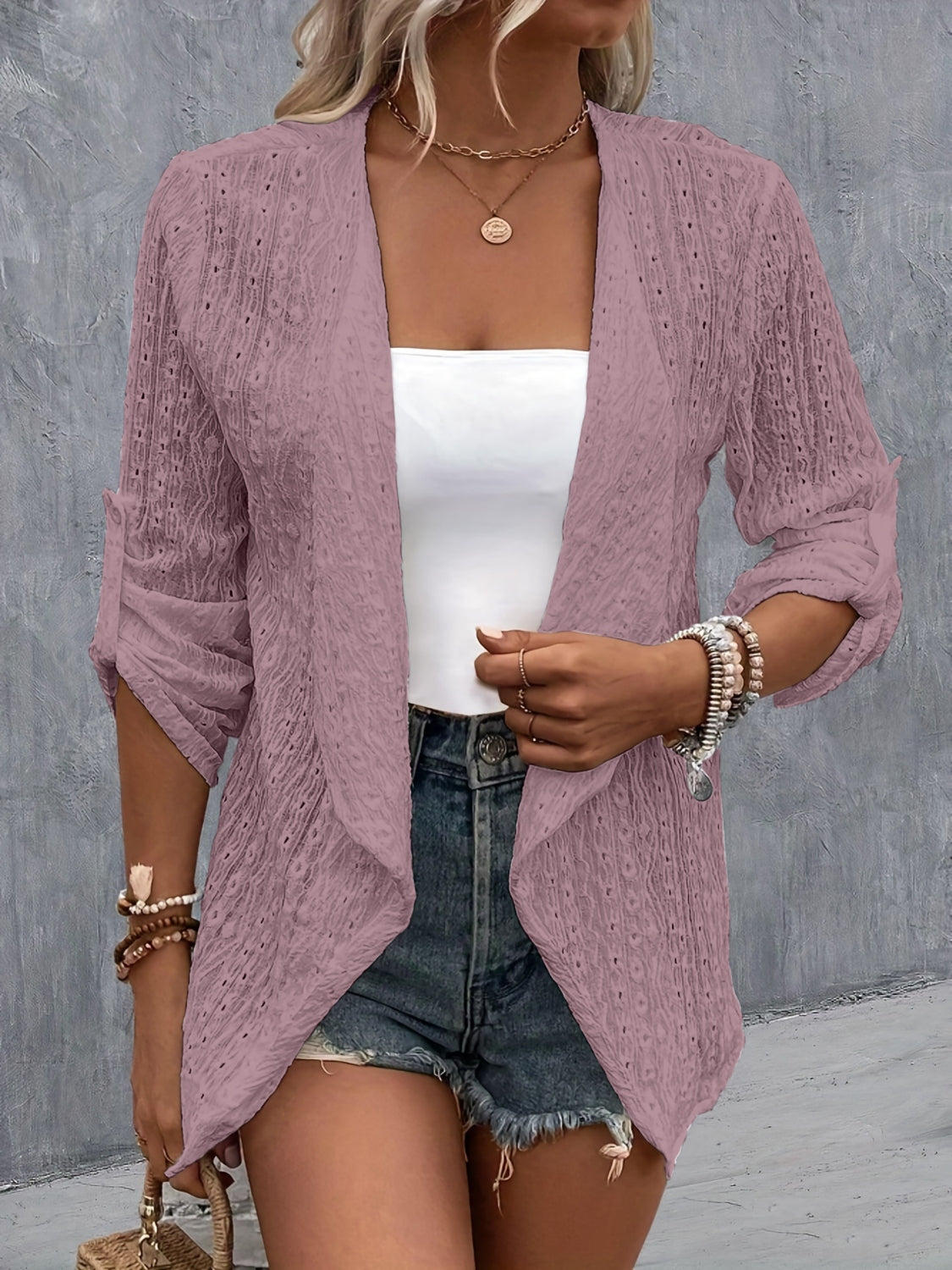 Eyelet roll-tab sleeve cardigan - lilac / s