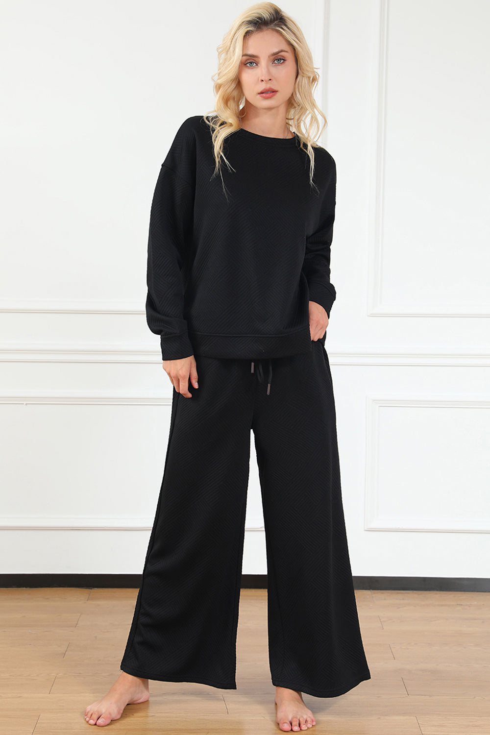 Double take full size textured long sleeve top and drawstring pants set - black / s