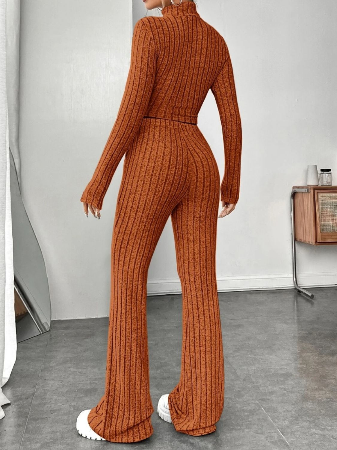 Ribbed mock neck long sleeve top and pants set