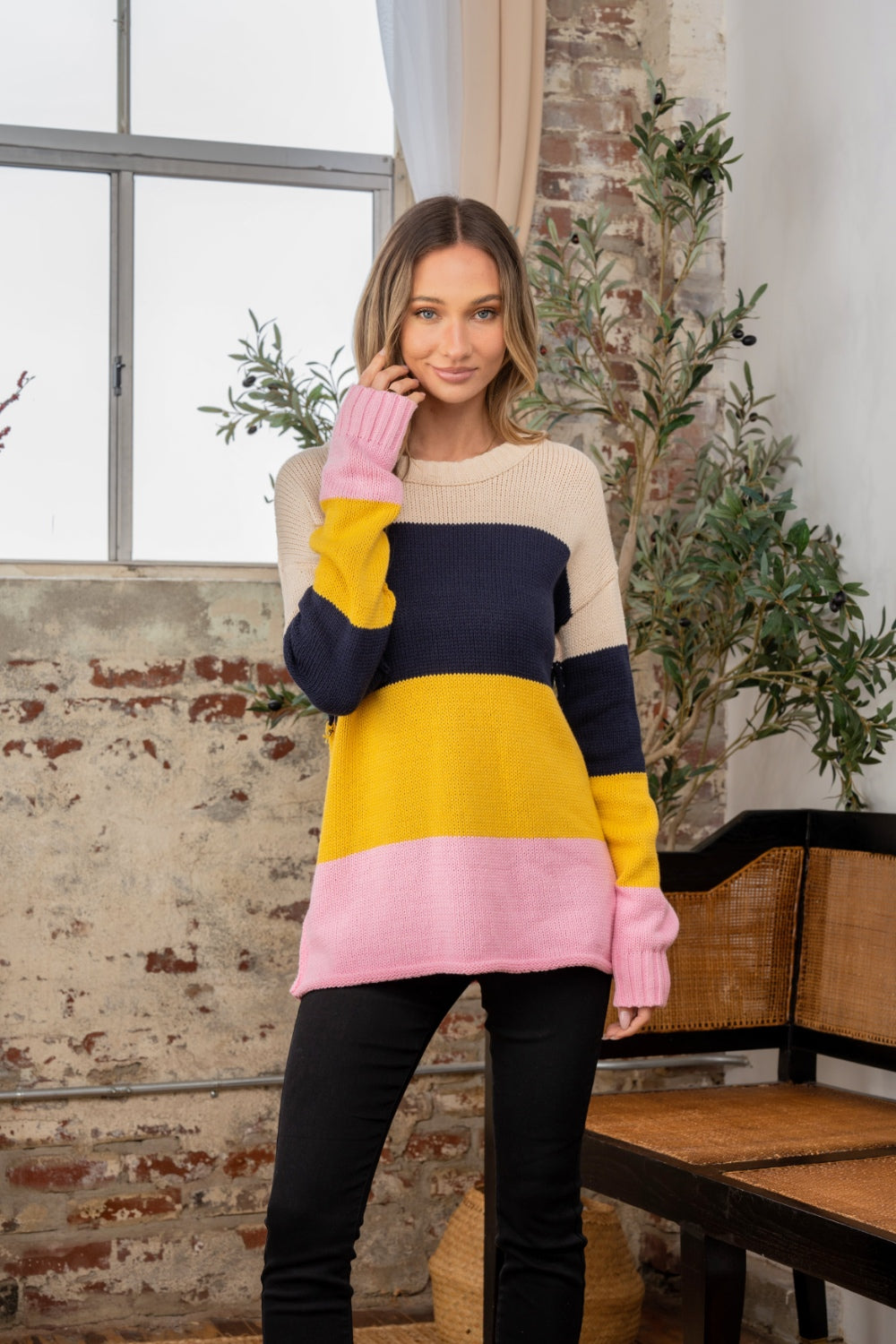 Sew in love full size color block exposed seam sweater - navy blush / s