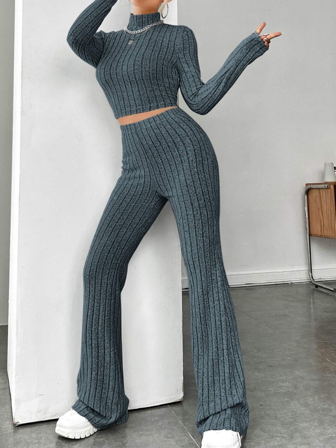 Ribbed mock neck long sleeve top and pants set