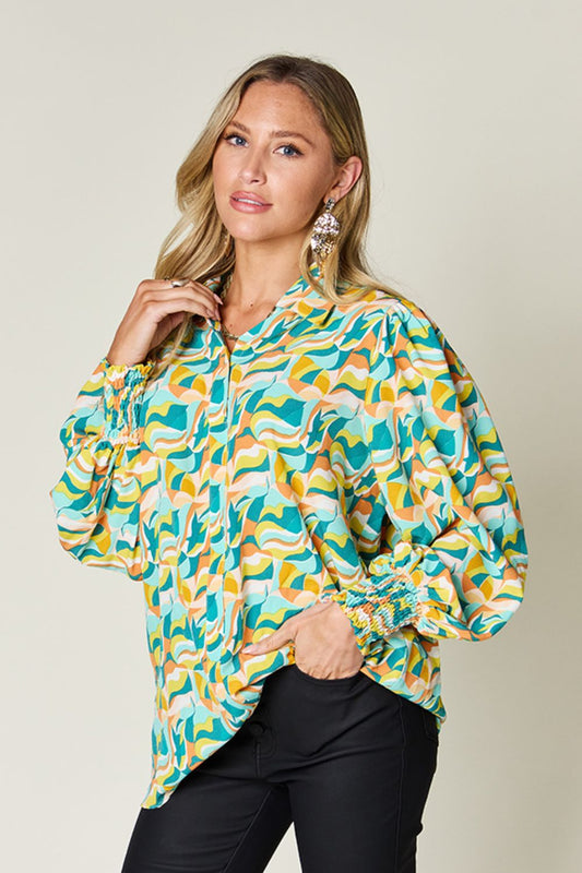 Double take full size printed smocked long sleeve blouse - turquoise / s