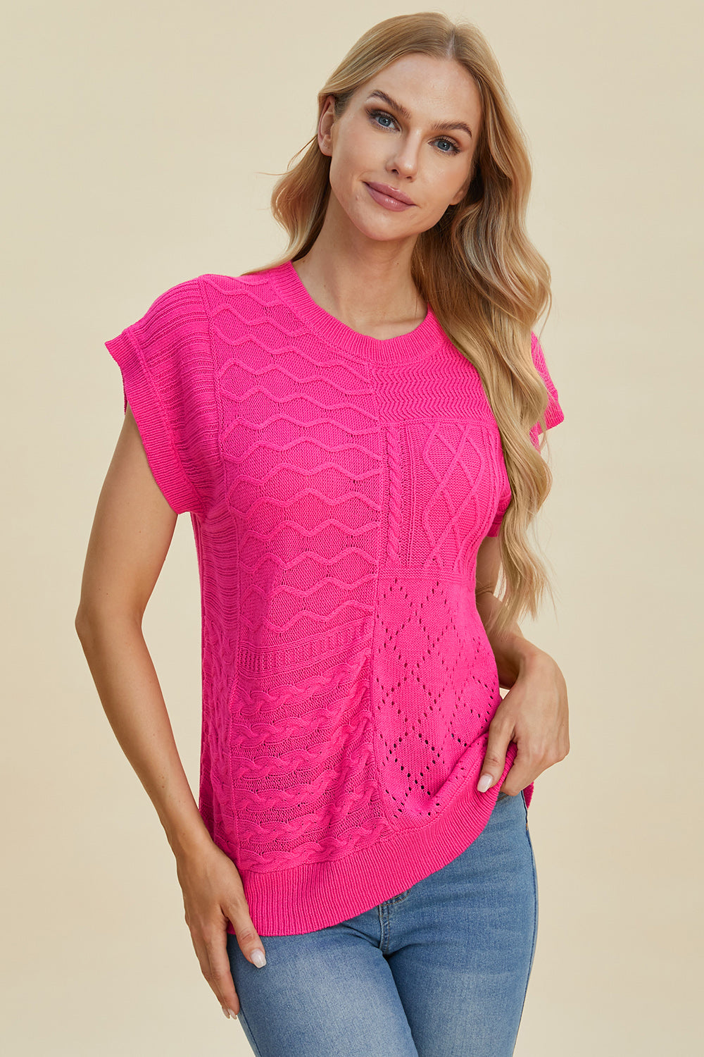 Double take full size cable-knit round neck cap sleeve sweater - hot pink / s