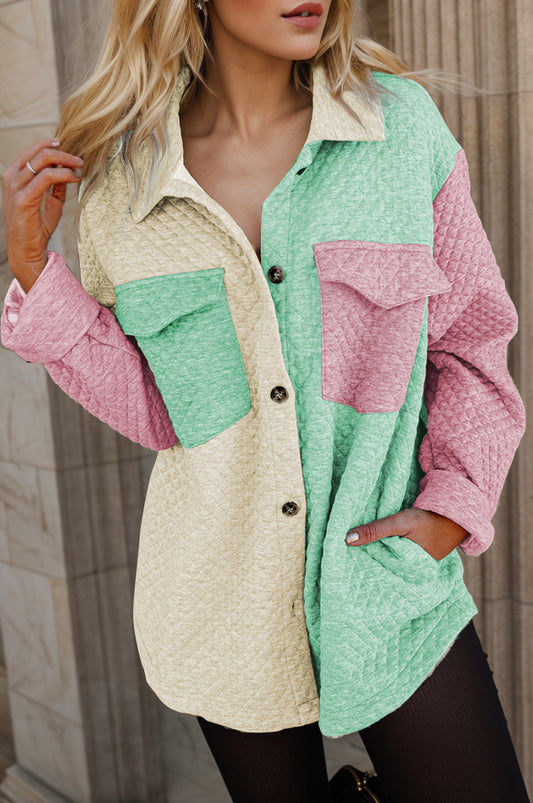 Color block button up long sleeve shacket - light green / s