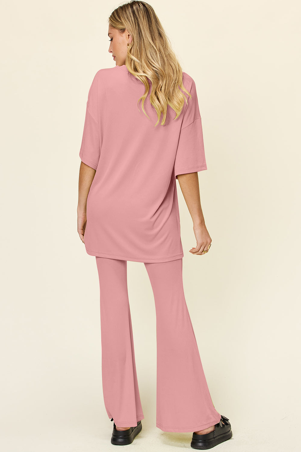 Double take full size round neck drop shoulder t-shirt and flare pants set