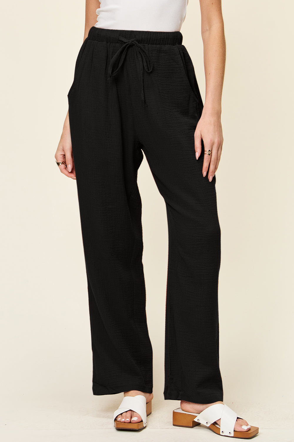 Double take full size texture drawstring straight pants - black / s