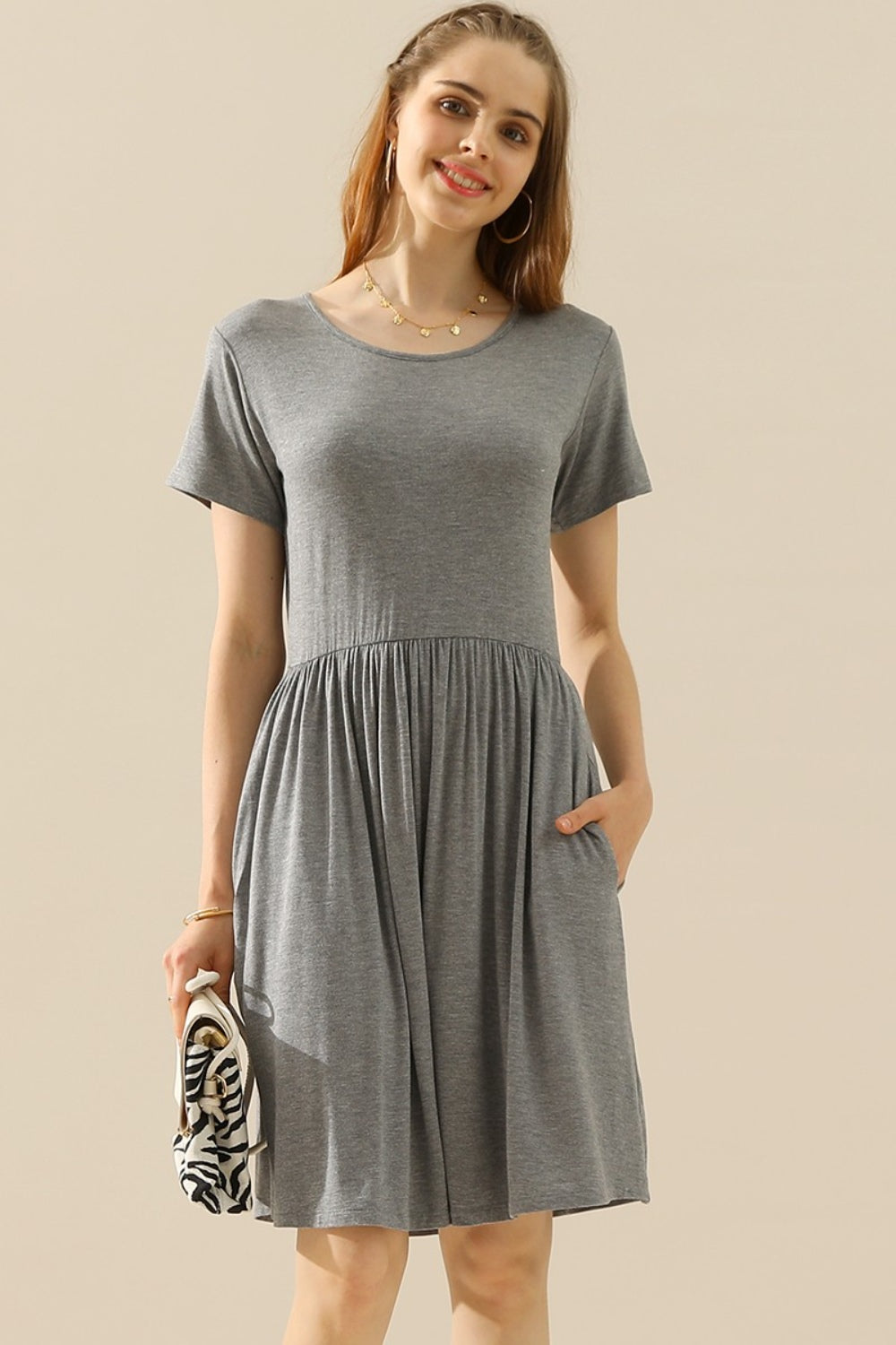 Ninexis full size round neck ruched dress with pockets - h grey / s