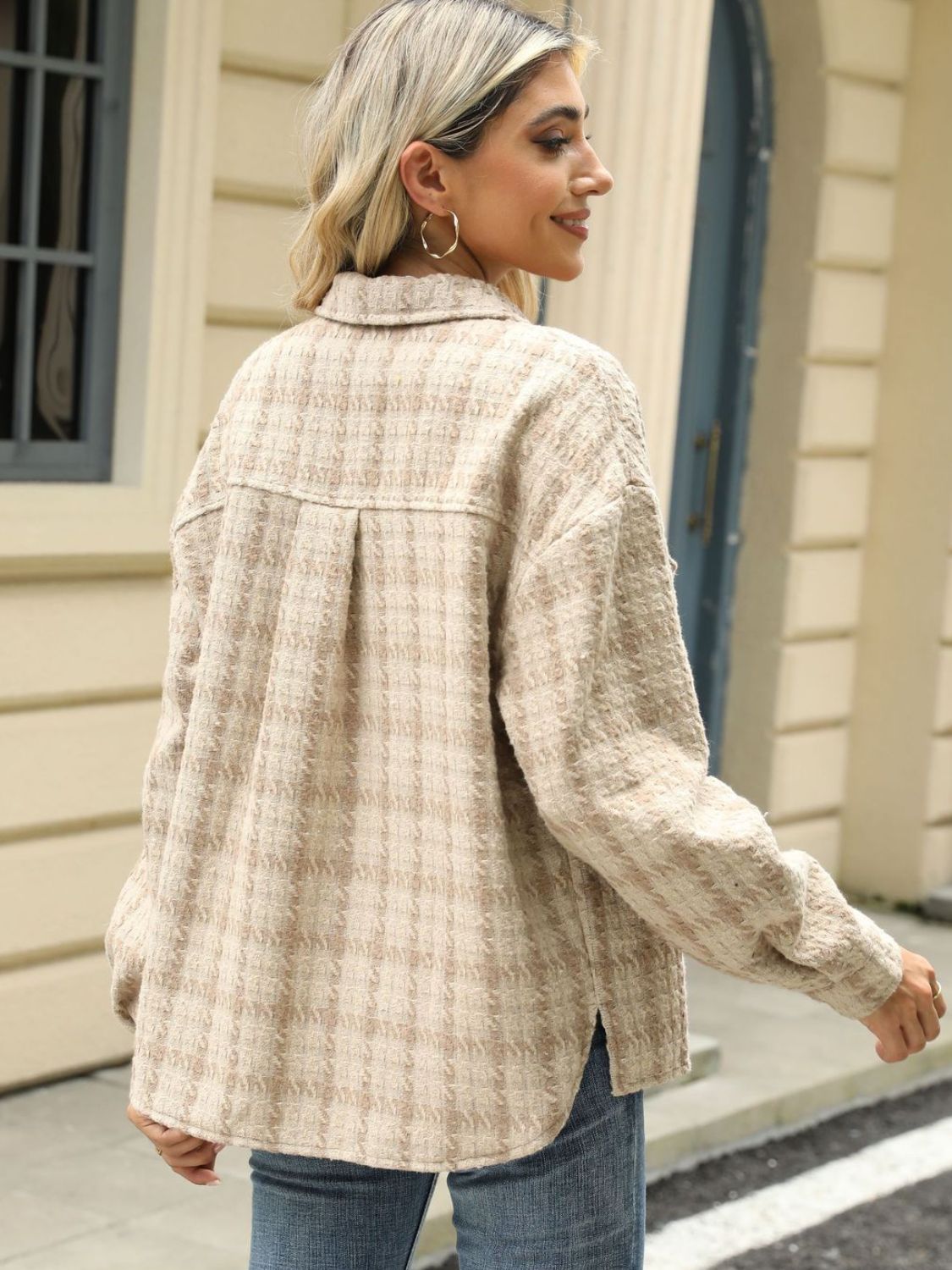 Plaid collared neck long sleeve jacket