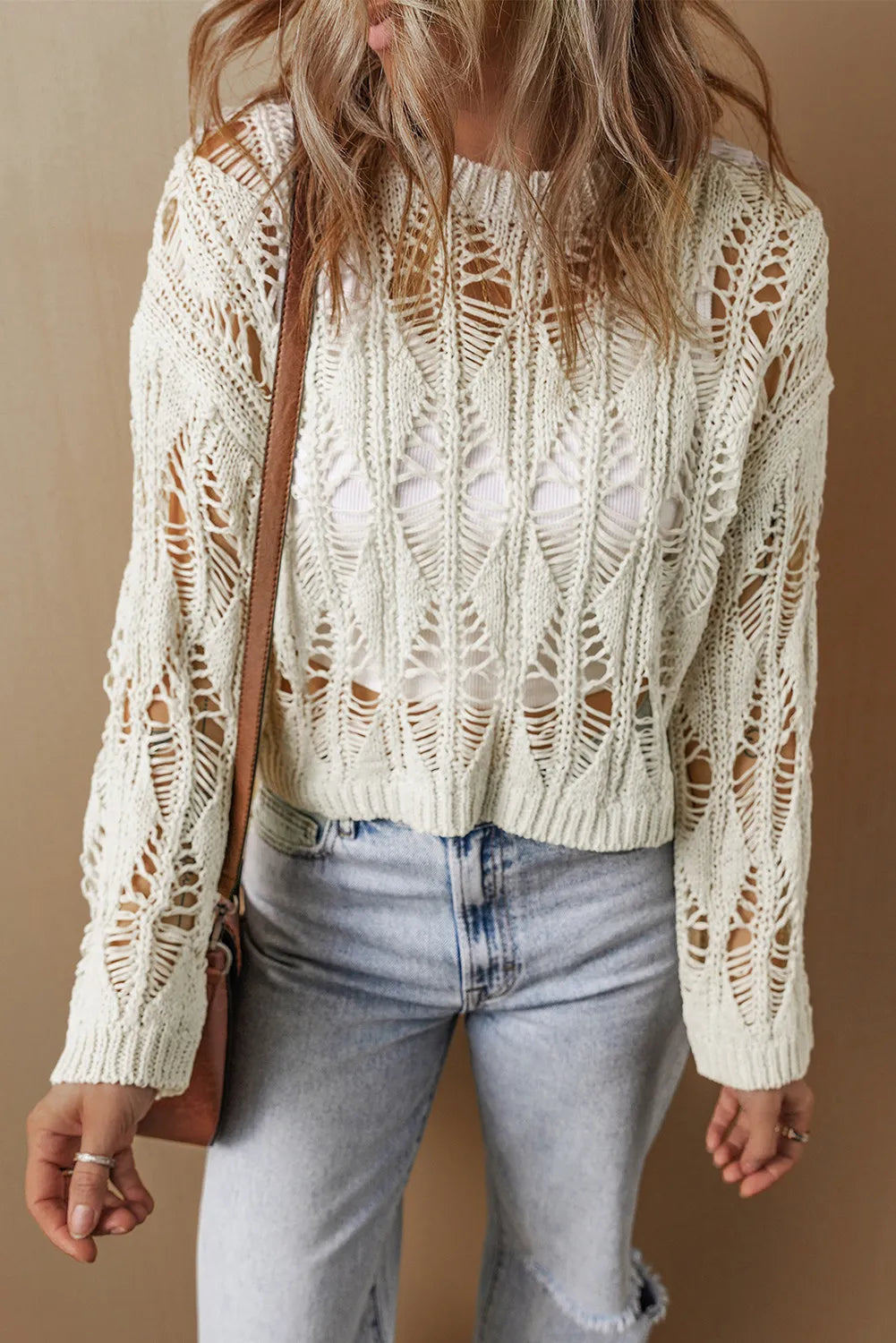 Cutout round neck long sleeve knit cover up