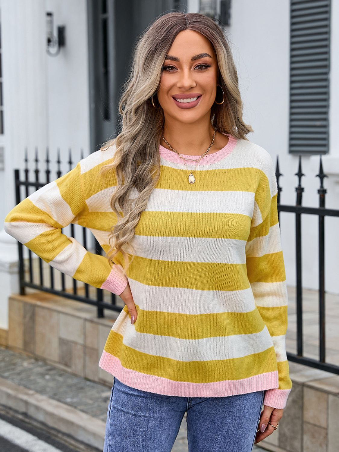 Striped round neck dropped shoulder sweater - mustard / s