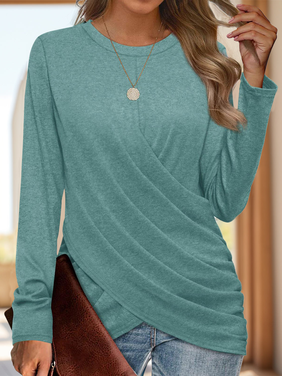 Ruched round neck long sleeve t-shirt - turquoise / s