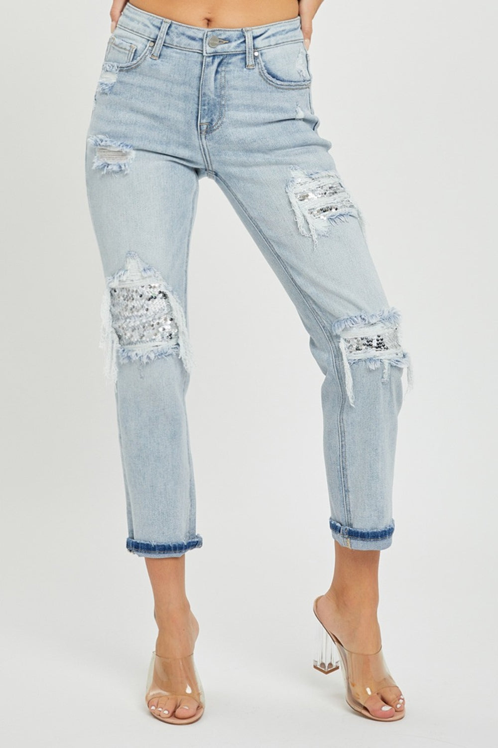 Risen mid-rise sequin patched jeans