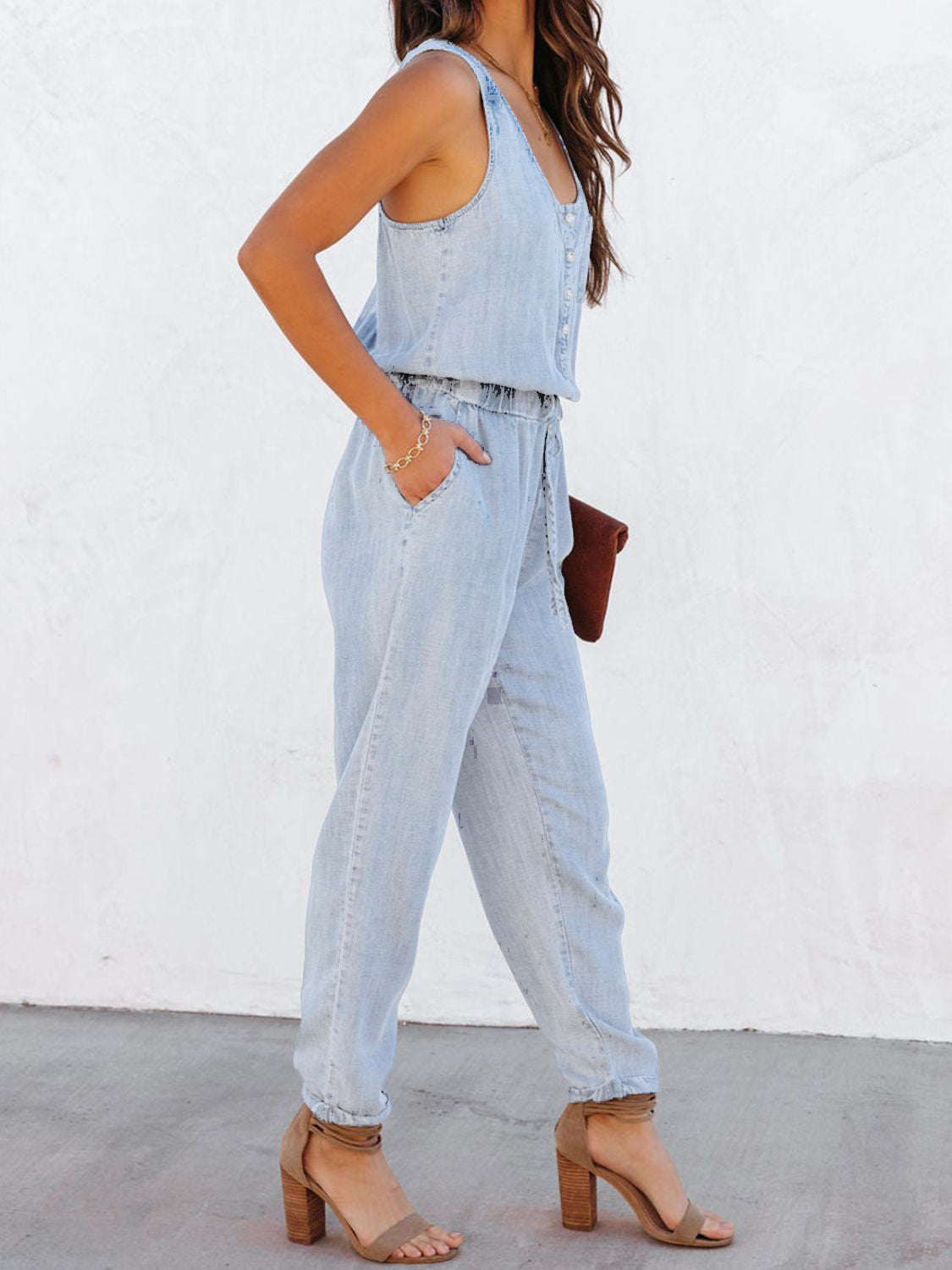 Drawstring waist sleeveless jumpsuit