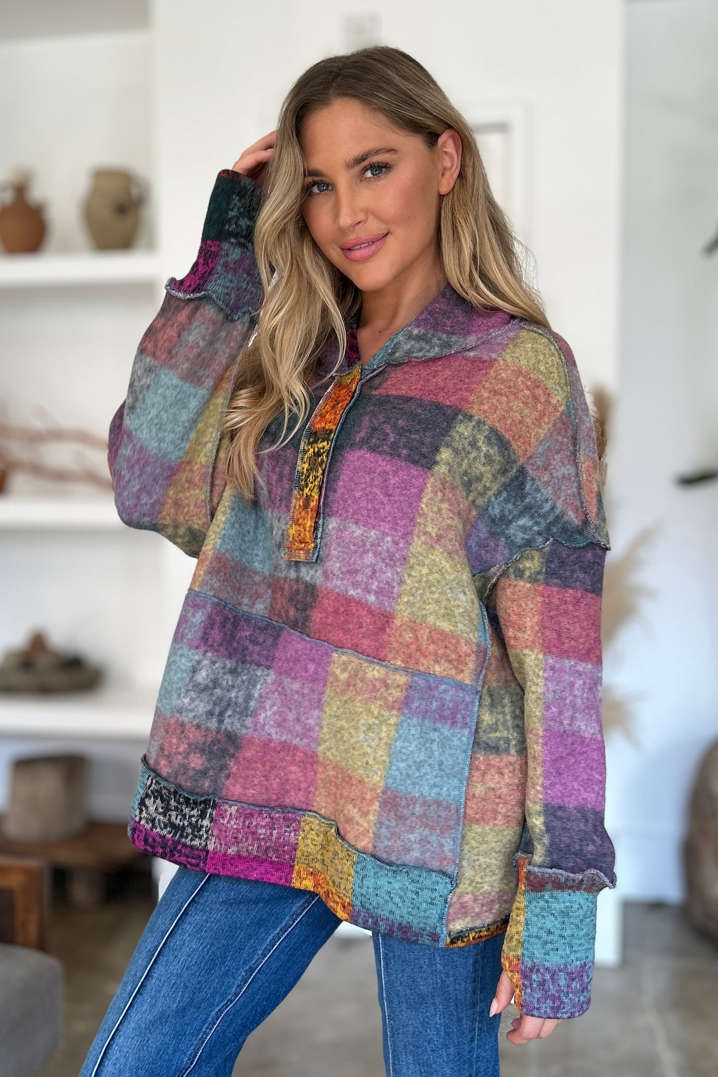 Double take full size plaid dropped shoulder hoodie