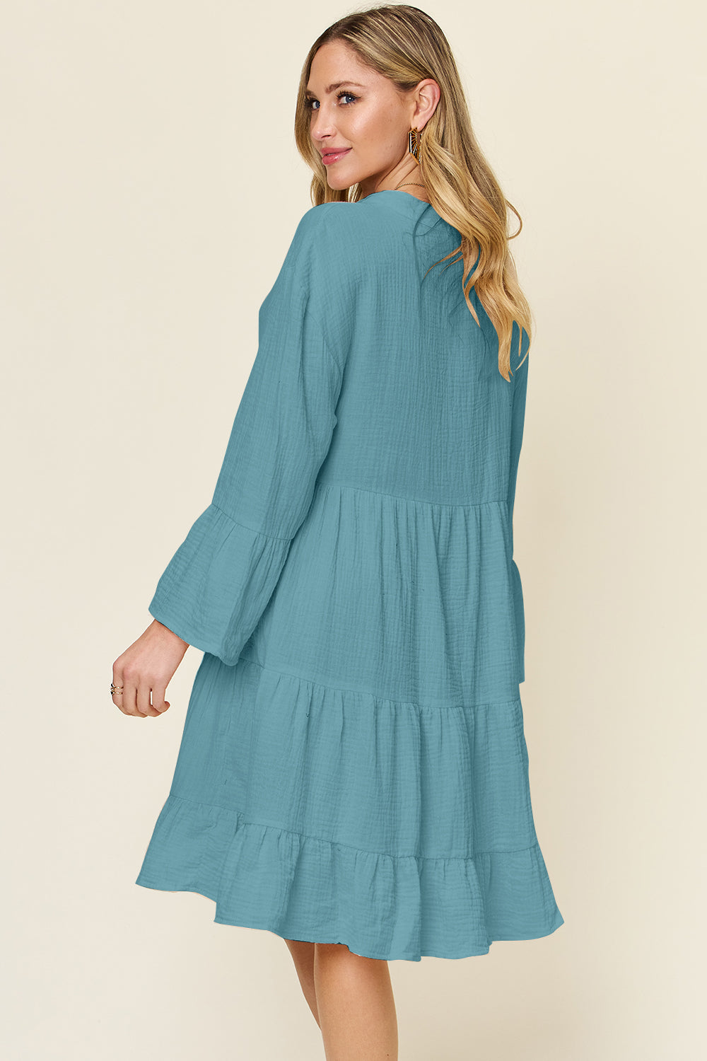 Double take full size texture button up ruffle hem dress