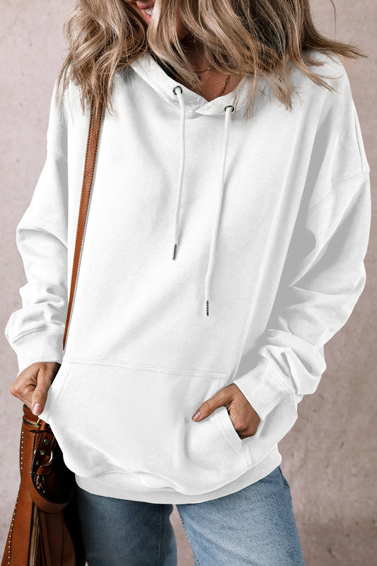 Drawstring pocketed long sleeve hoodie - white / s