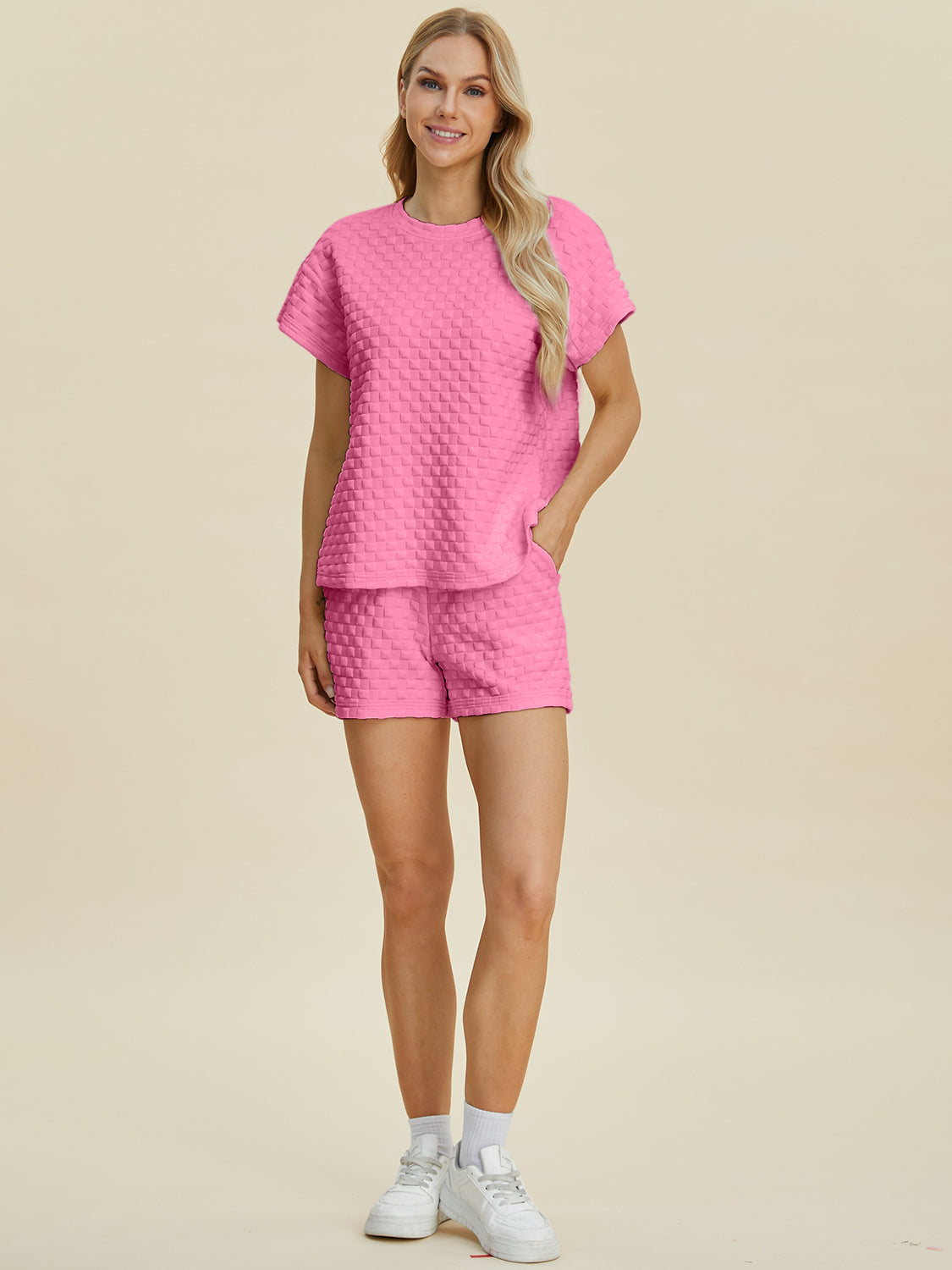 Double take full size texture t-shirt and shorts set