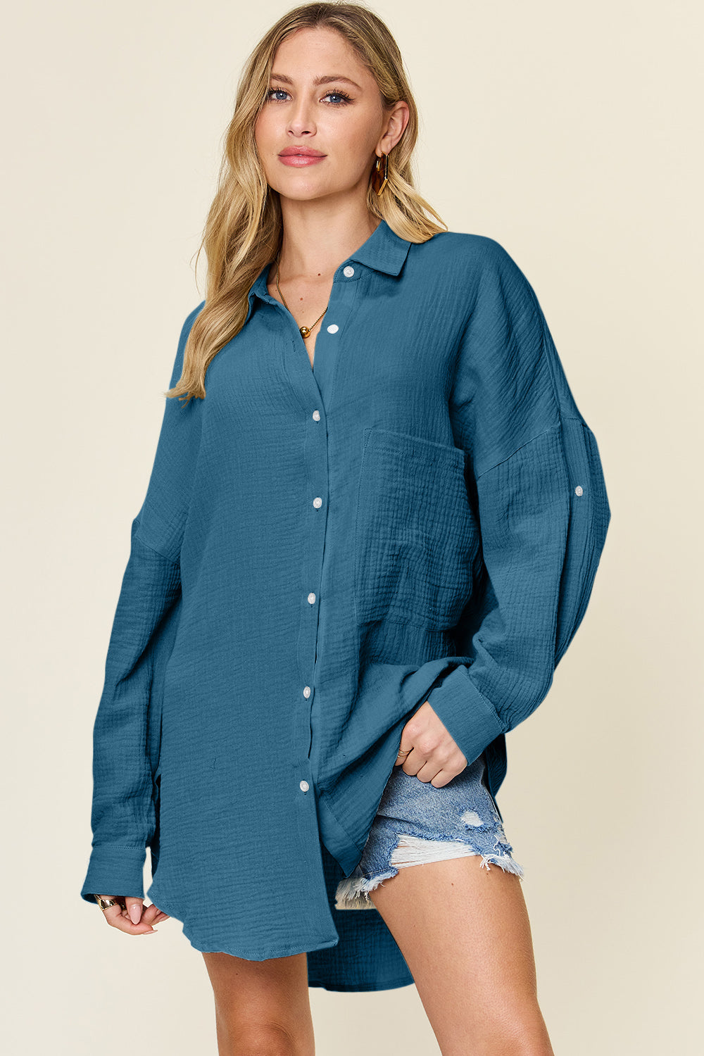 Double take full size pocketed texture button up shirt