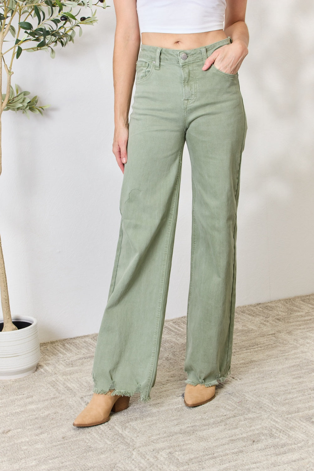 Risen full size raw hem wide-leg jeans - sage