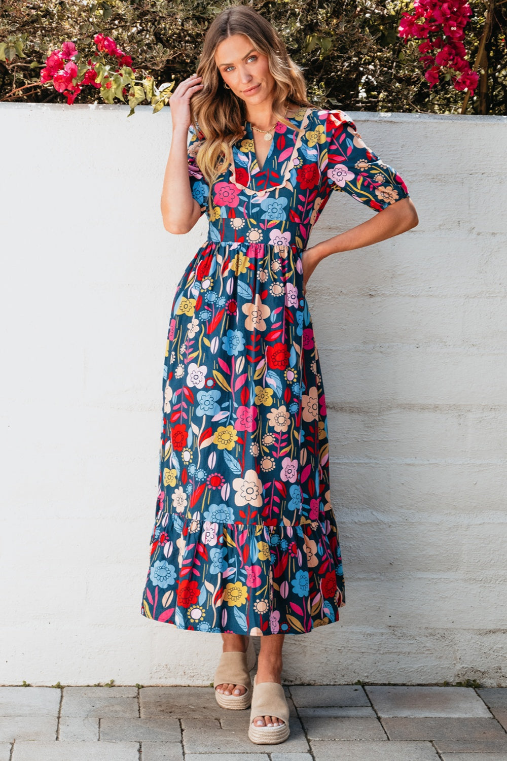 Printed notched puff sleeve midi dress