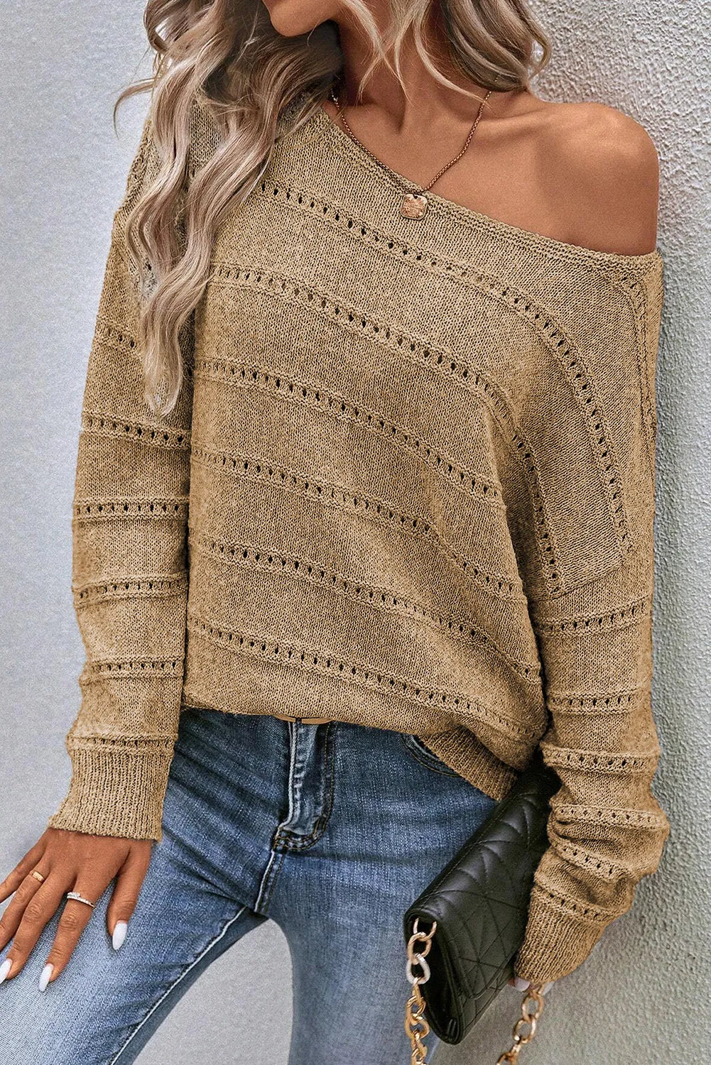 Boat neck dropped shoulder sweater - tan / m