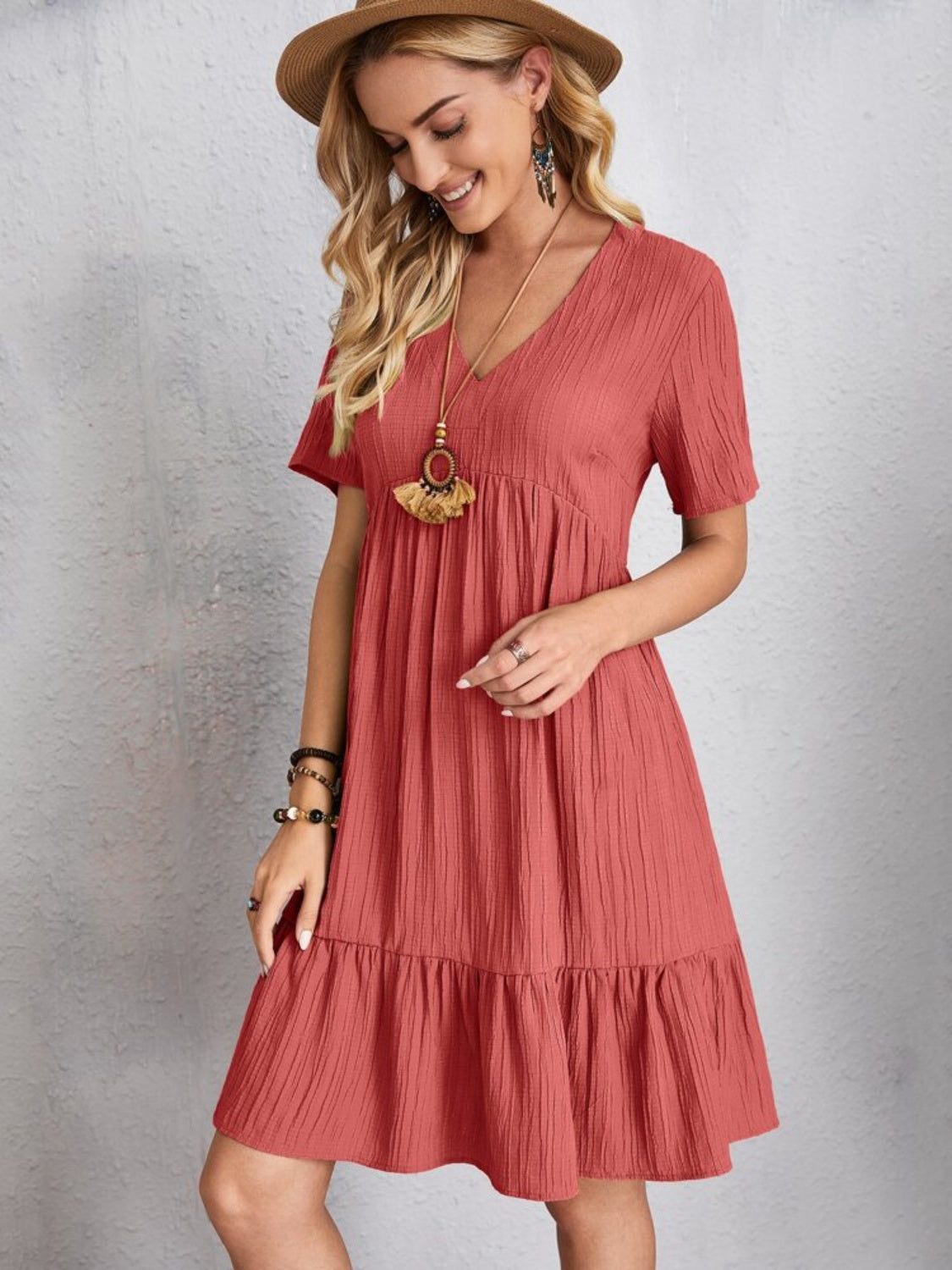 Full size v-neck short sleeve dress