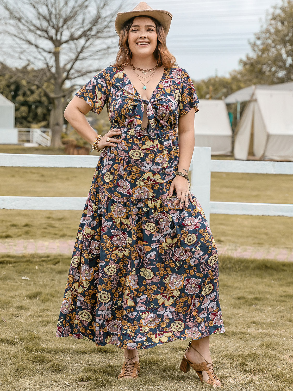 Plus size tied printed short sleeve midi dress - peacock blue / 0xl