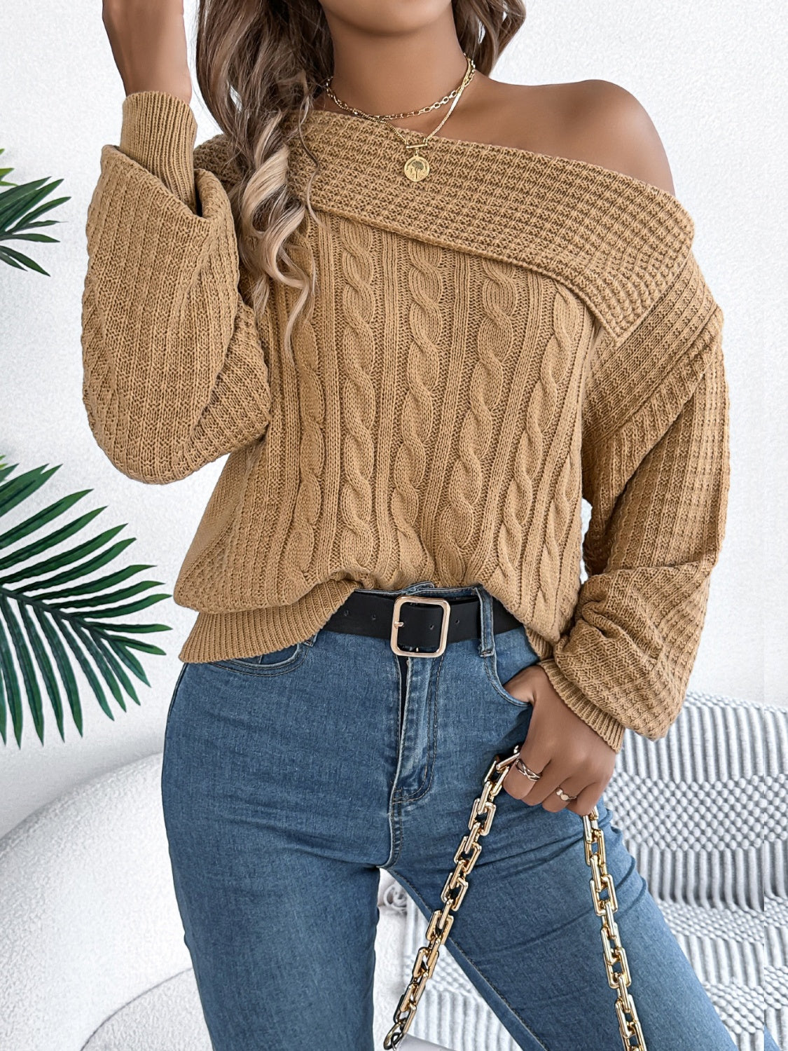 Cable-knit one shoulder long sleeve sweater