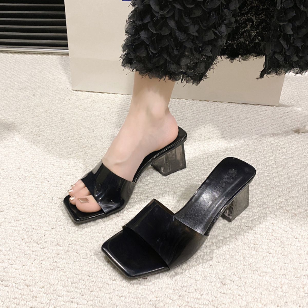 Open toe block heel sandals - black / 35(us4)