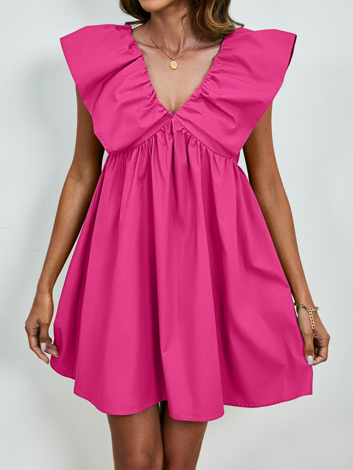 V-neck cap sleeve mini dress - hot pink / s