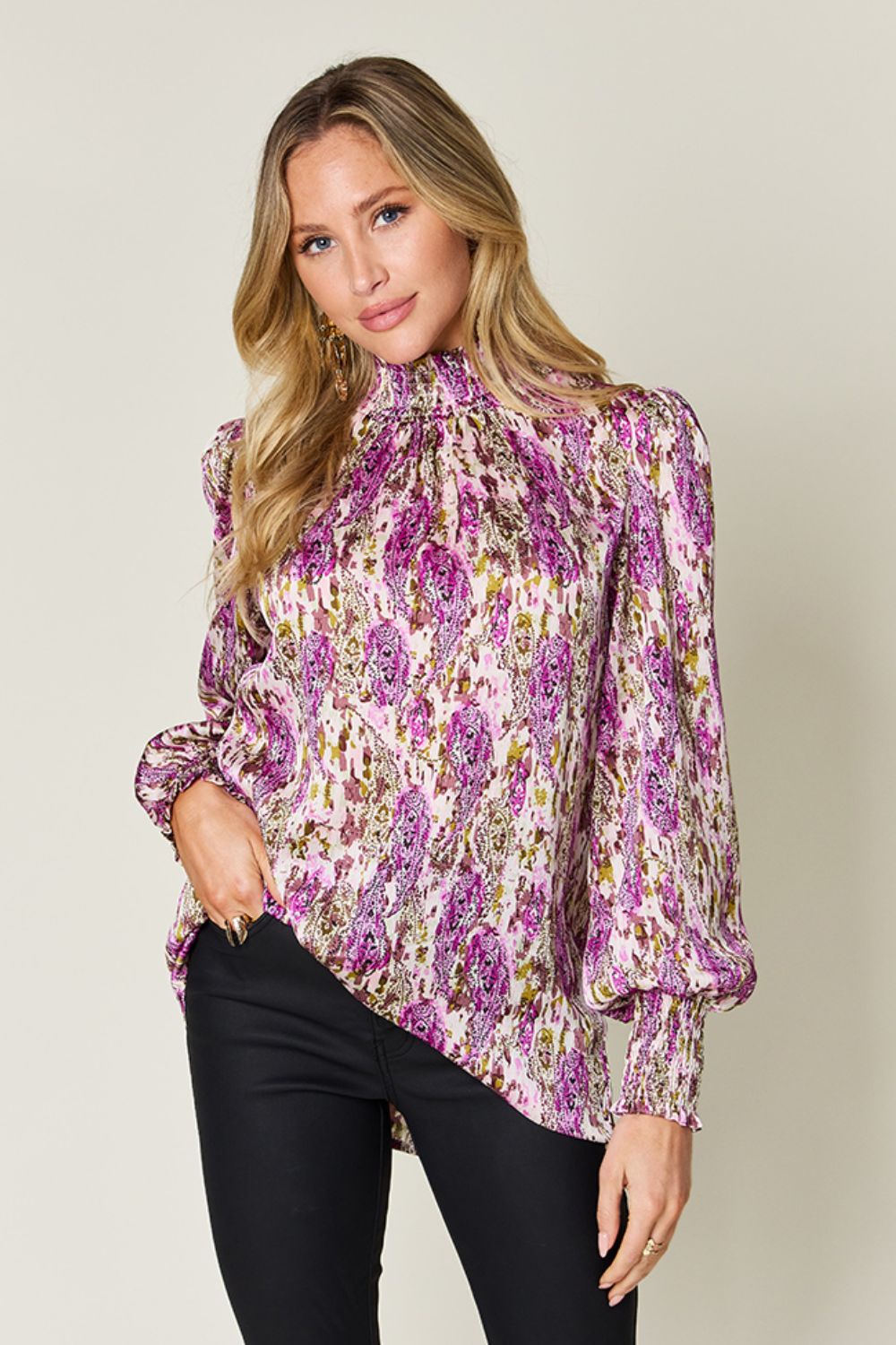 Double take full size printed smocked long sleeve blouse - red-violet / s