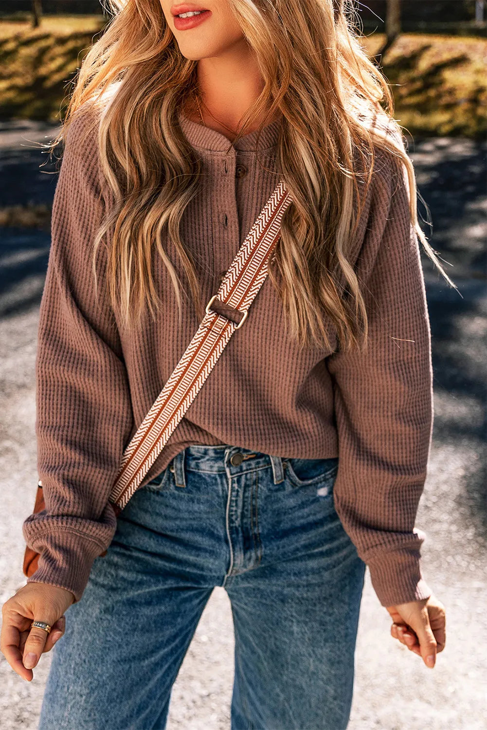 Waffle-knit round neck long sleeve blouse