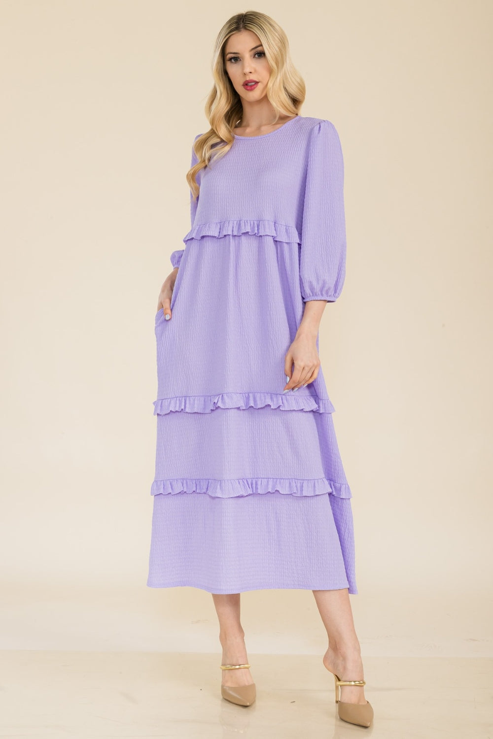 Celeste full size tiered-ruffle midi dress - lilac / s