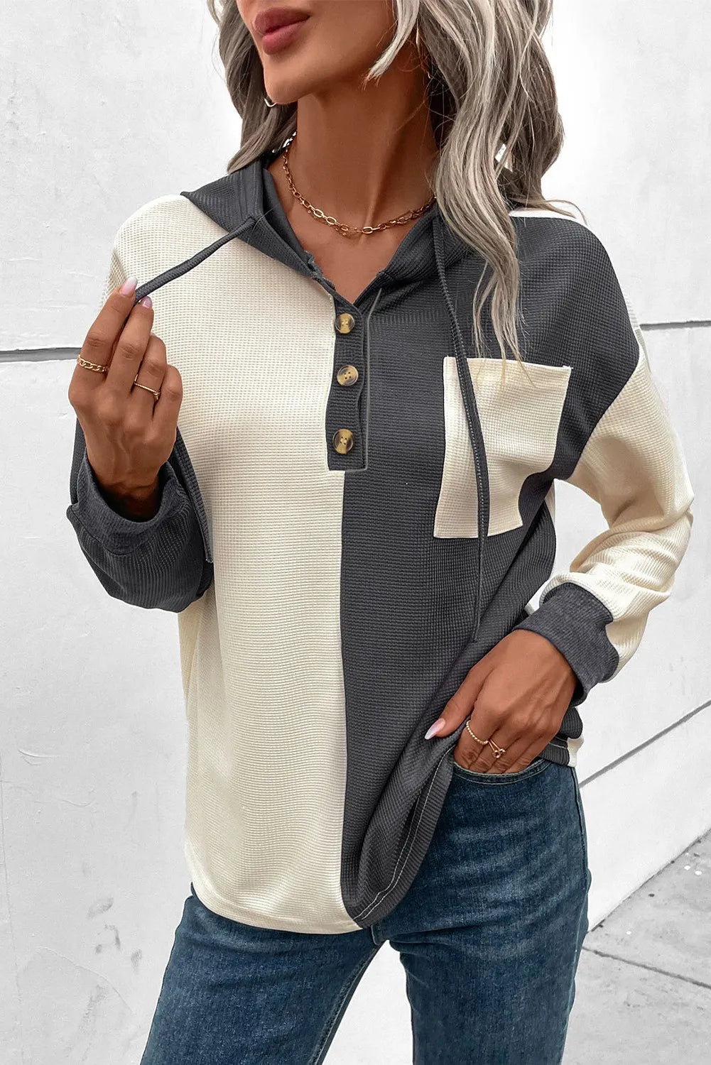 Drawstring quarter button contrast long sleeve hoodie