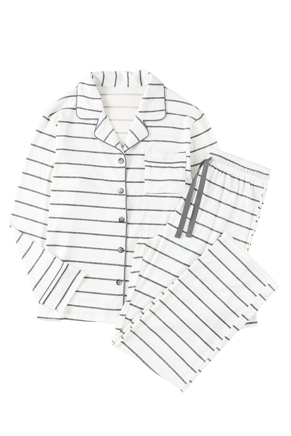 White striped print long sleeve top & drawstring pants pajamas set - loungewear