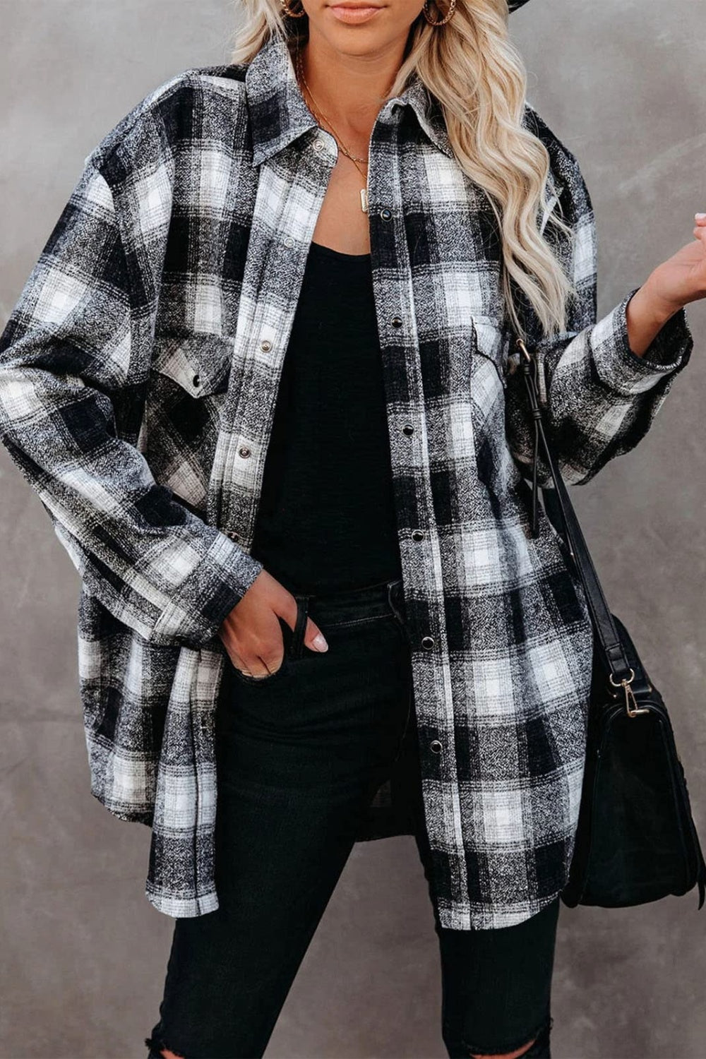 Full size plaid collared neck long sleeve shirt - black / s