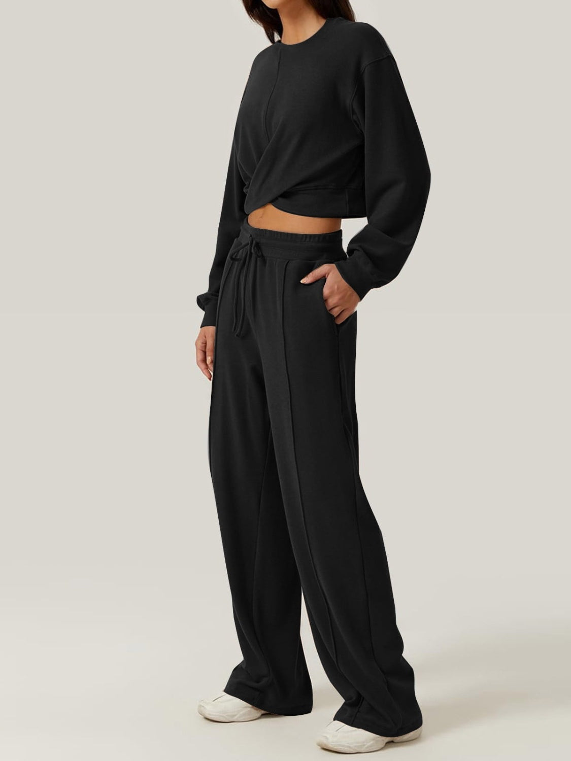 Crisscross round neck top and drawstring pants set - black / s