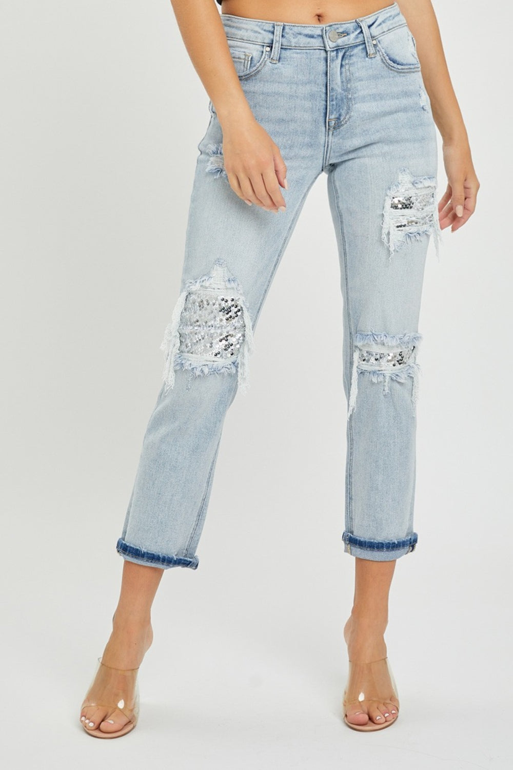 Risen mid-rise sequin patched jeans - light