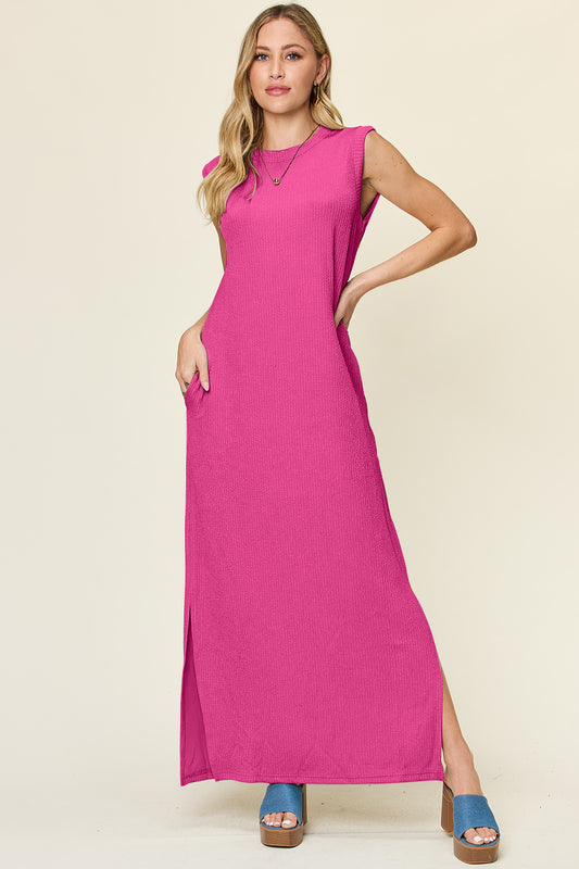 Double take full size texture mock neck sleeveless maxi dress - hot pink / s