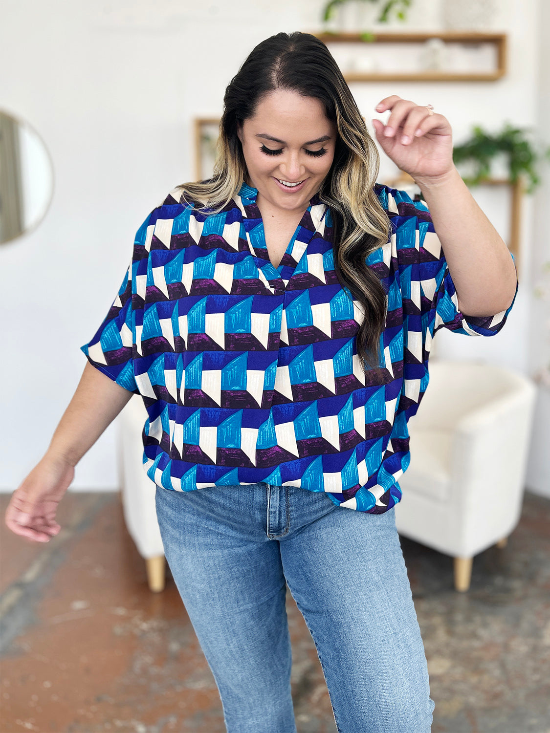 Double take full size geometric notched half sleeve blouse