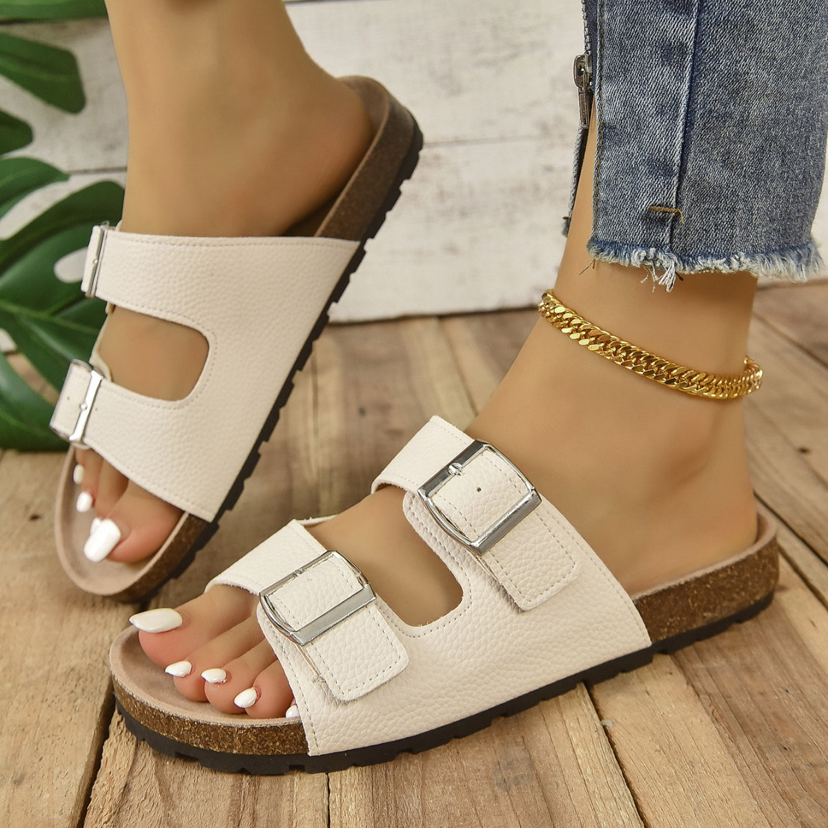 Open toe double buckle sandals - white / 35(us4)