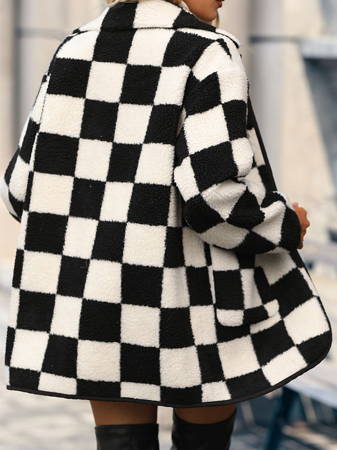 Double take full size checkered button front coat with pockets