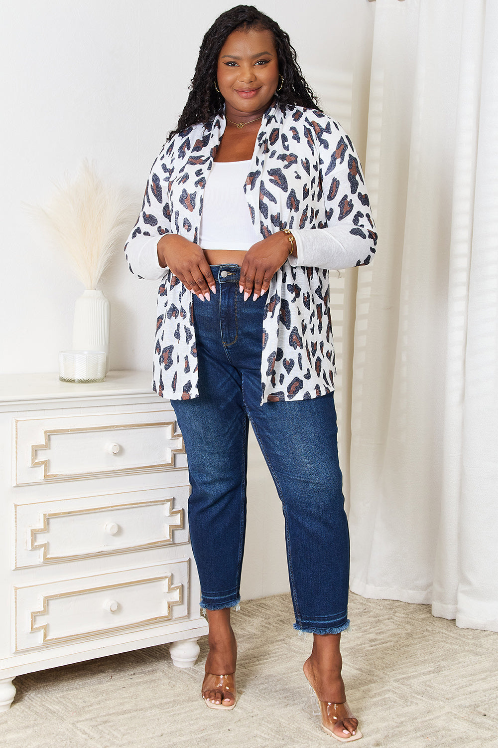 Double take leopard long sleeve cardigan