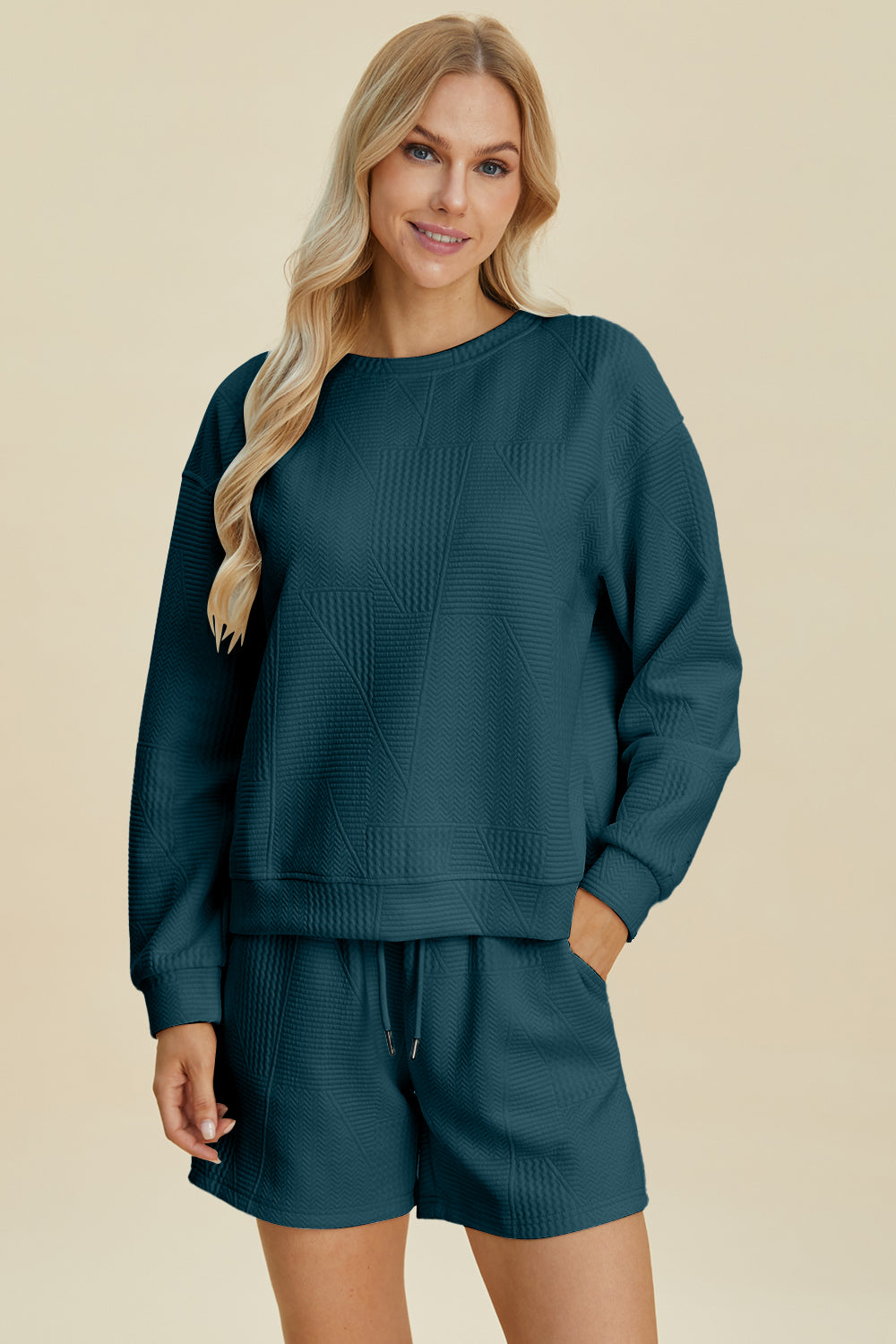 Double take full size texture round neck long sleeve top and shorts set - peacock blue / s