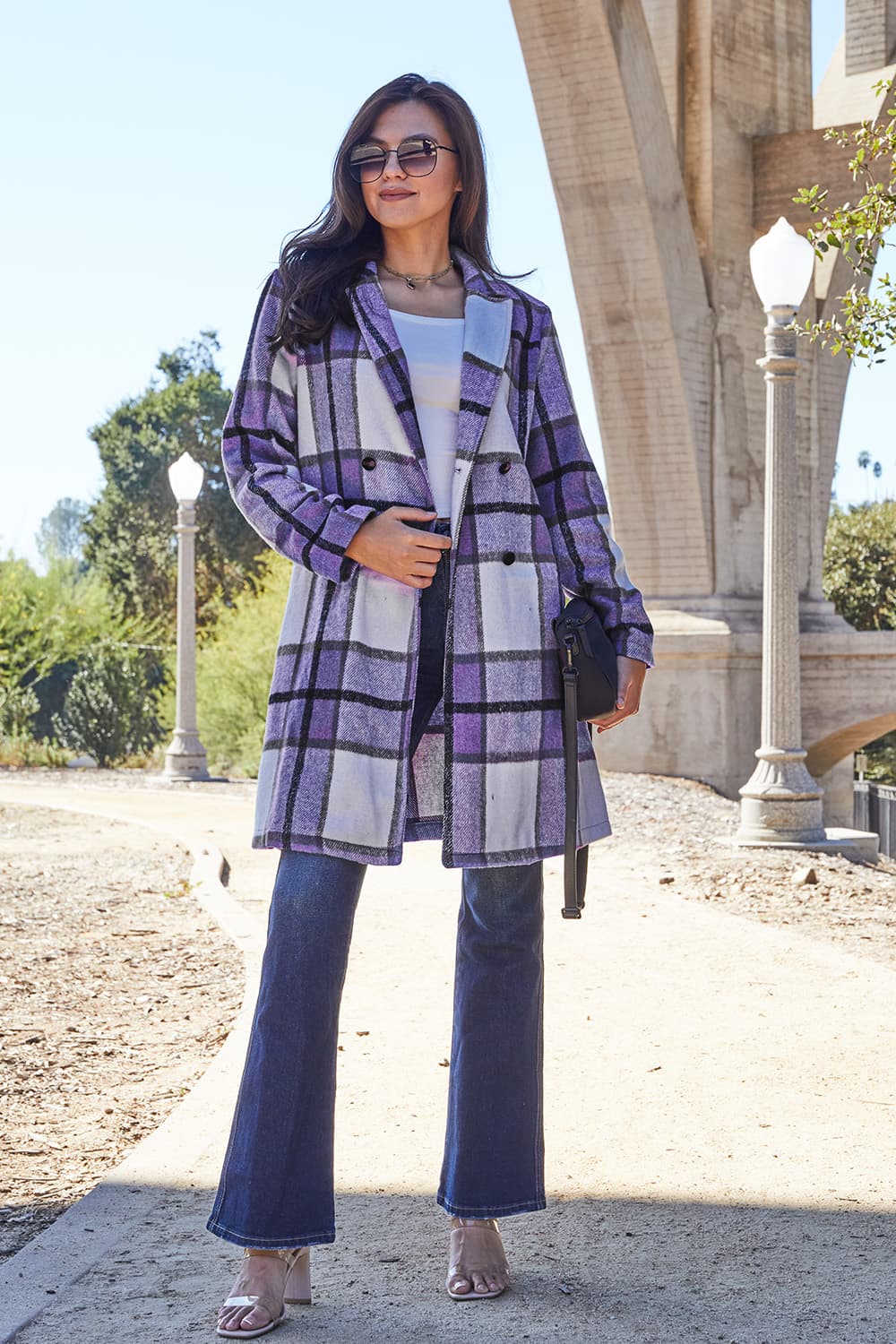 Double take full size plaid button up lapel collar coat - violet / s