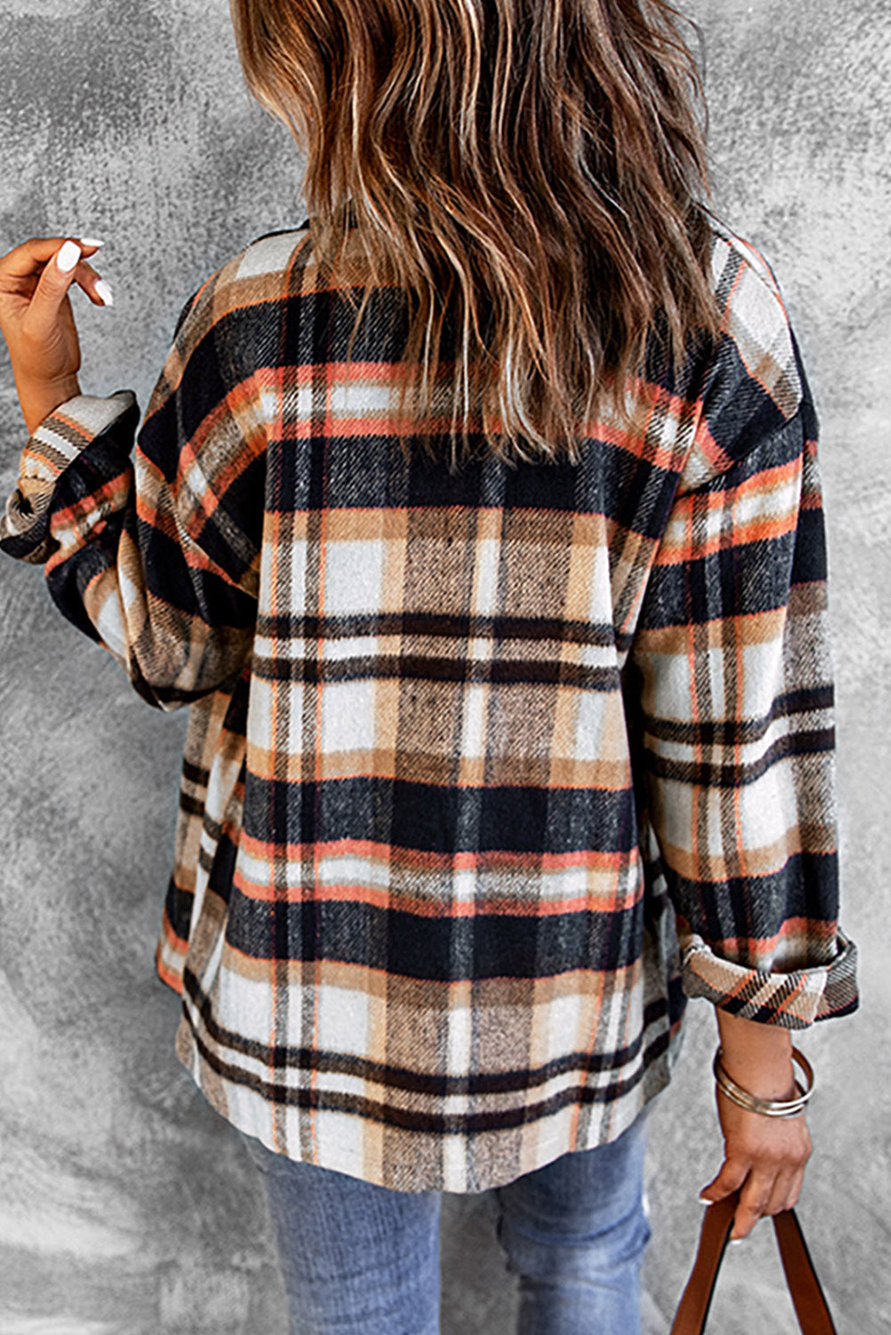 Double take plaid button front shirt jacket with breast pockets