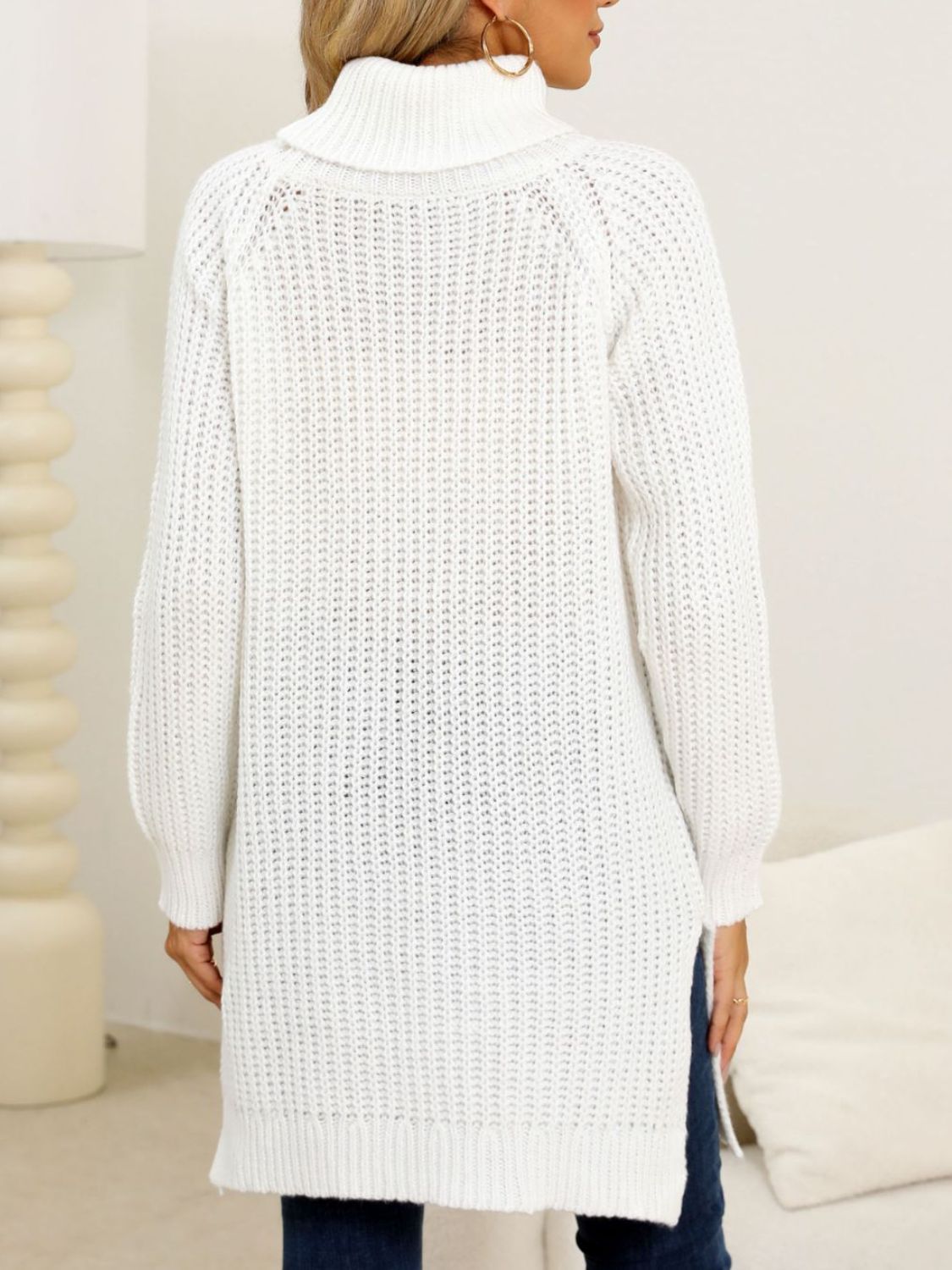 Slit turtleneck long sleeve sweater