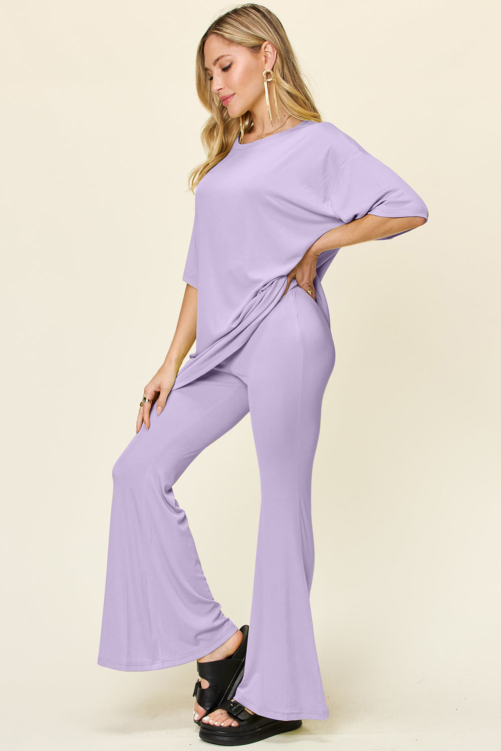 Double take full size round neck drop shoulder t-shirt and flare pants set