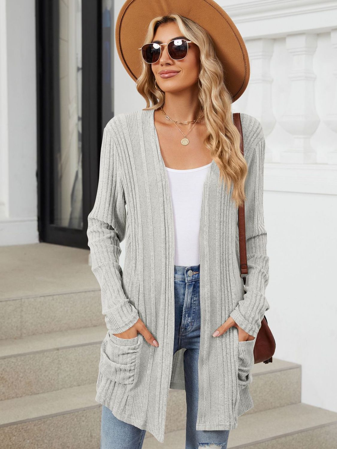 Pocketed open front long sleeve cardigan